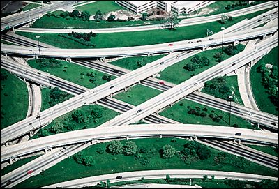 aerial photo of a sprawling cloverleaf highway interchange